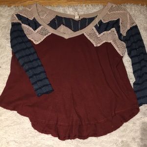 Free people waffle shirt with lace accents